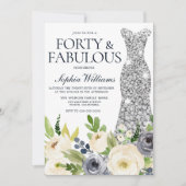 Invitation Robe d'argent florale marine et blanche 40e annive (Devant)
