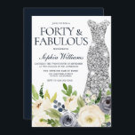 Invitation Robe d'argent florale marine et blanche 40e annive<br><div class="desc">Marine & White Floral Silver Dress 40th Birthday Invitation Voir la collection correspondante dans Niche and Nest Store Merci beaucoup</div>