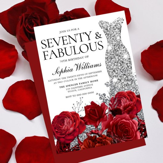 Invitation Robe d'argent Gown Roses rouges 70e fête d'anniver