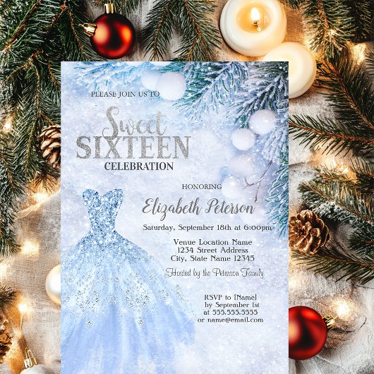 Invitation Robe d'argent Hiver Wonderland Sweet 16 Party