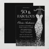 Invitation Robe d'argent noir et blanc glamour 50e anniversai (Devant / Derrière)