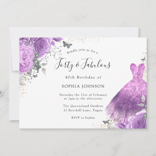 Invitation Robe d'argent pourpre et papillon Rose 40e anniver (Devant)