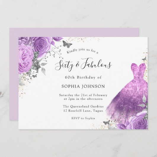 Invitation Robe d'argent pourpre et papillon Rose 60e anniver (Devant / Derrière)