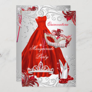 Invitation Robe d'argent rouge mascarade Masque Quinceanera