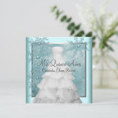 Invitation Robe de bal bleu sarcelle flocons de neige Quincea (Debout devant)
