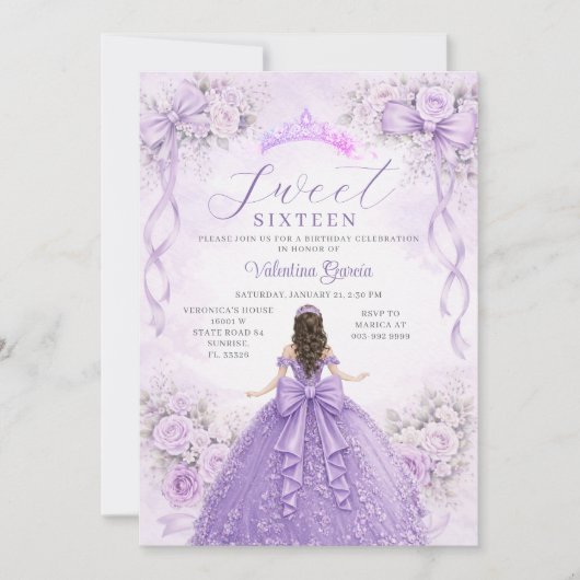 Invitation Robe de bal de princesse violette pour un annivers (Devant)