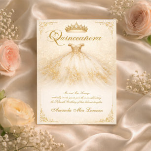 Invitation Robe de bal élégante Quinceañera ivoire et or