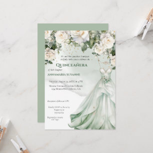 Invitation Robe de bal Quinceañera fleurie vert sauge pâle