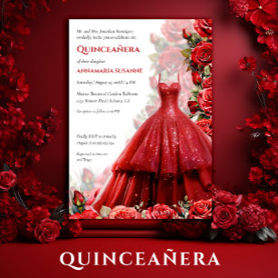Invitation Robe de bal rouge élégante Roses rouges Quinceaner