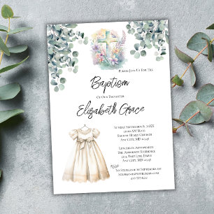 Invitation Robe de baptême de fille au eucalyptus croisé pour