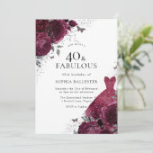 Invitation Robe de Bourgogne et d'argent Roses floraux 40e an (Debout devant)