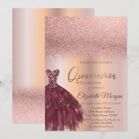 Invitation Robe de Bourgogne Rose Or Ombre Quinceañera (Devant / Derrière)