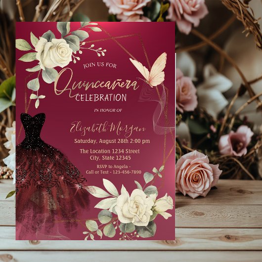 Invitation Robe de Bourgogne Roses Papillons Quinceañera