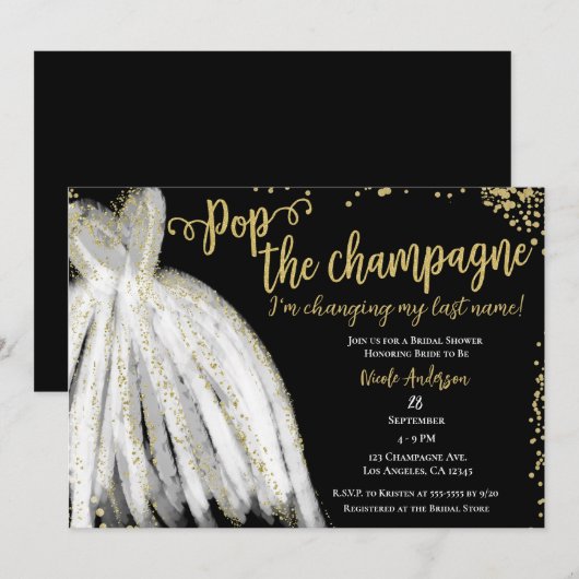 Invitation Robe de champagne et douche de mariée avec paillet (Devant / Derrière)