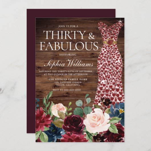 Invitation Robe de Coeur Bourgogne Rustique Floral 30e annive (Devant / Derrière)