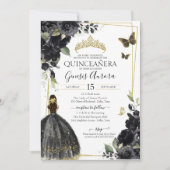 Invitation Robe de coing Quinceañera Black Gold Flowers (Devant)