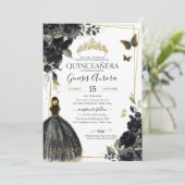 Invitation Robe de coing Quinceañera Black Gold Flowers (Debout devant)