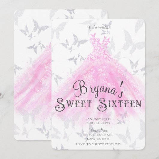 Invitation Robe de danse Papillon Argent Rose pour Fête Douze (Devant / Derrière)