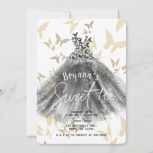 Invitation Robe de danse papillon Black & Gold Sweet 16 (Devant)
