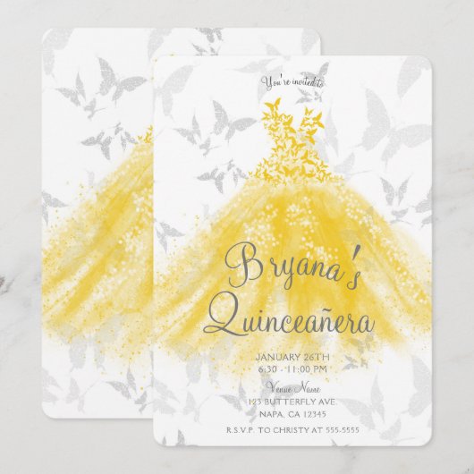 Invitation Robe de danse papillon en argent jaune Quinceañera (Devant / Derrière)