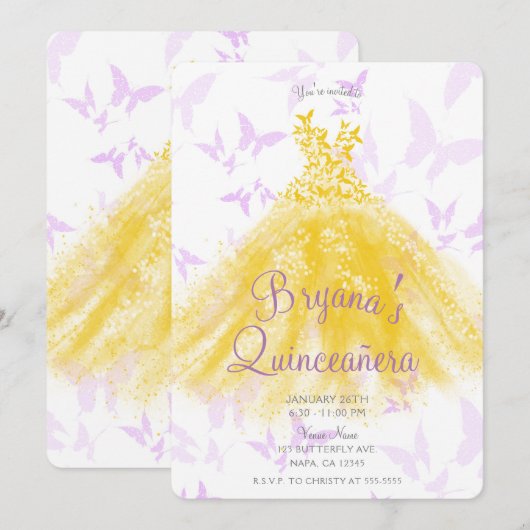 Invitation Robe de danse papillon jaune & Lilac Quinceañera (Devant / Derrière)