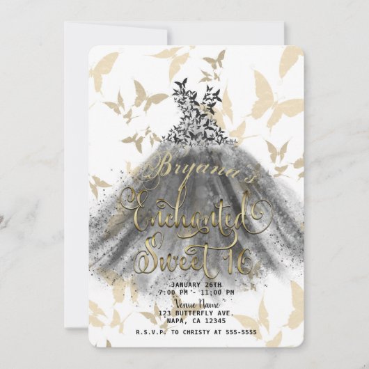 Invitation Robe de danse papillon noir or doux 16 seize ans (Devant)
