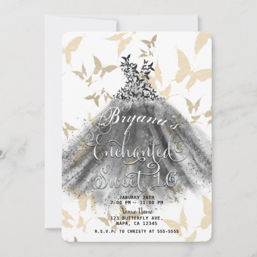 Invitation Robe de danse papillon noir or Sweet 16 (Devant)