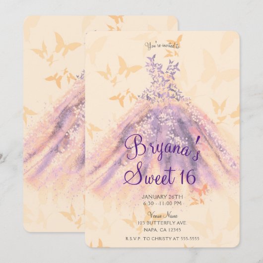 Invitation Robe de danse papillon orange violet pour fête Swe (Devant / Derrière)