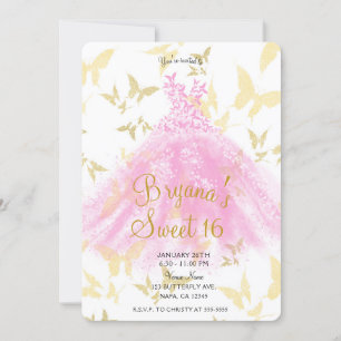 Invitation Robe de danse papillon rose et or Fête Sweet 16