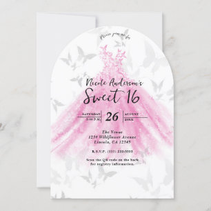 Invitation Robe de danse papillon rose et or Sweet 16