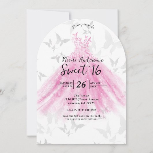 Invitation Robe de danse papillon rose et or Sweet 16 (Devant)
