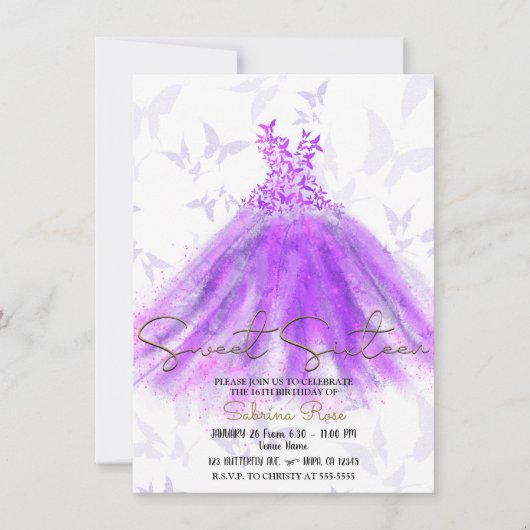Invitation Robe de danse papillon rose et violet pour fête Sw (Devant)