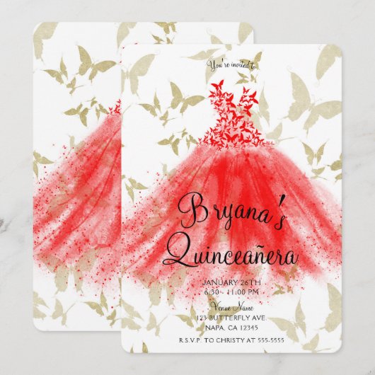 Invitation Robe de danse papillon rouge et or Quinceañera (Devant / Derrière)