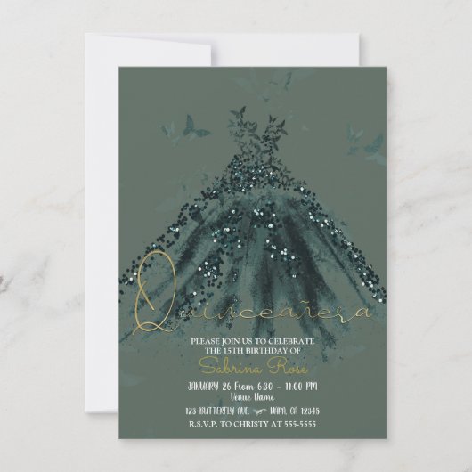 Invitation Robe de danse papillon scintillement vert Quinceañ (Devant)