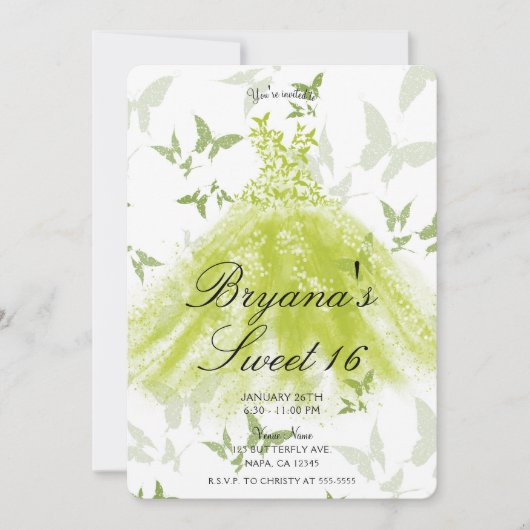 Invitation Robe de danse papillon vert de printemps Douce 16 (Devant)