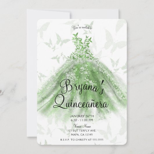 Invitation Robe de danse papillon vert pour fête de Quinceañe (Devant)