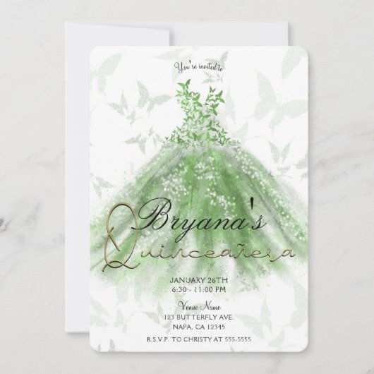 Invitation Robe de Danse Papillon Vert Quinceañera (Devant)
