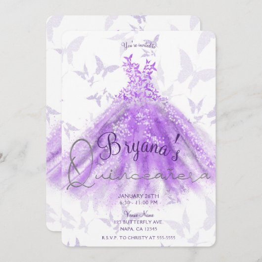 Invitation Robe de danse papillon violet Robe argent Quinceañ (Devant / Derrière)