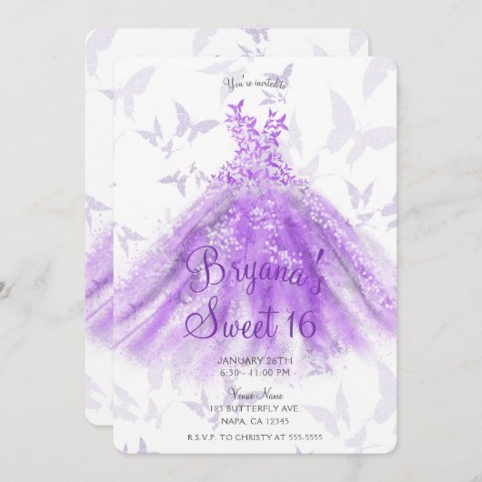 Invitation Robe de danse papillon violet Sweet 16 Partie (Devant / Derrière)
