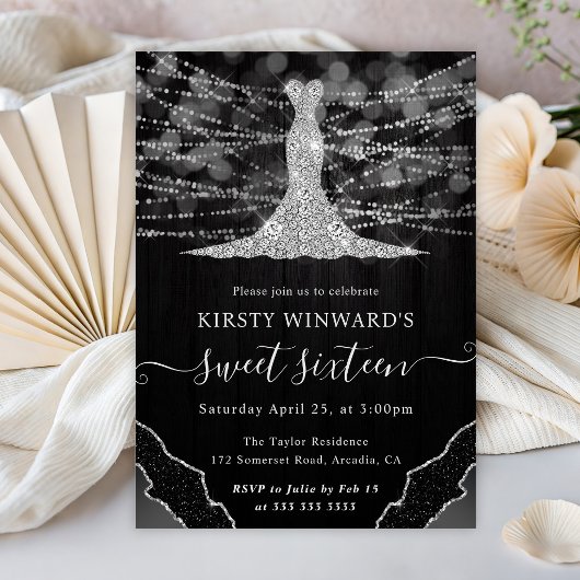 Invitation Robe de diamant & Bokeh String Lights Sweet 16