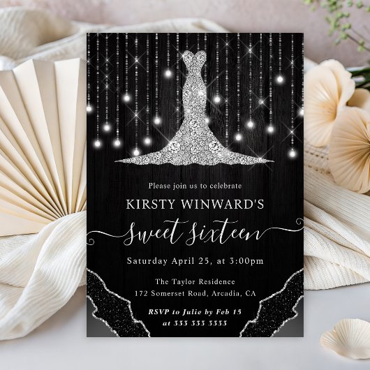 Invitation Robe de diamant & Bokeh String Lights Sweet 16
