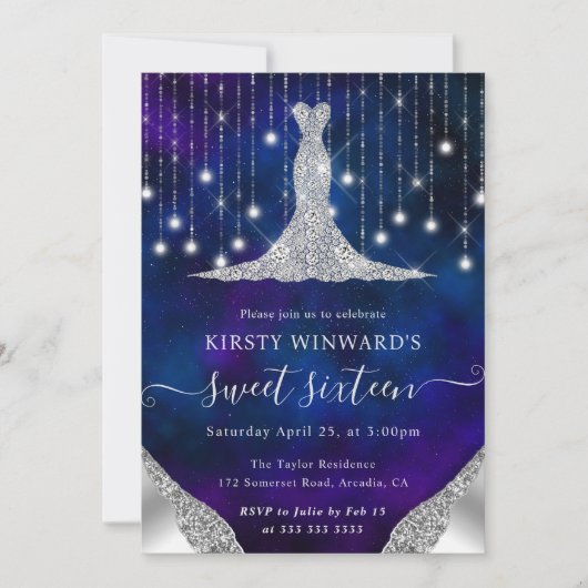 Invitation Robe de diamant & Bokeh String Lights Sweet 16 (Devant)