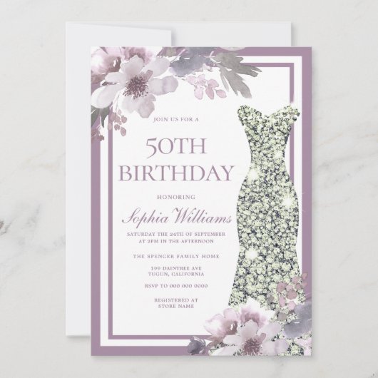 Invitation Robe de Diamant d'Argent Floral Violet 50e anniver (Devant)