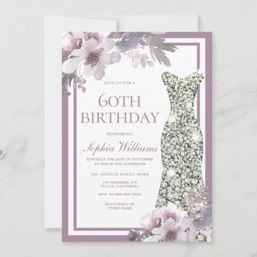 Invitation Robe de Diamant d'Argent Floral Violet 60e anniver (Devant)