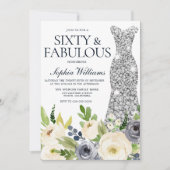 Invitation Robe de diamant floral marine et blanc 60e anniver (Devant)