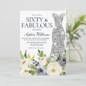 Invitation Robe de diamant floral marine et blanc 60e anniver (Debout devant)
