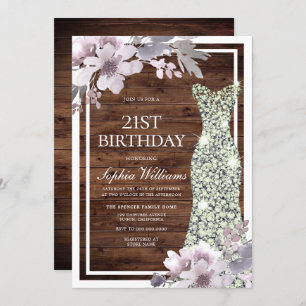 Invitation Robe de Diamant Floral Violet Rustique 21e anniver
