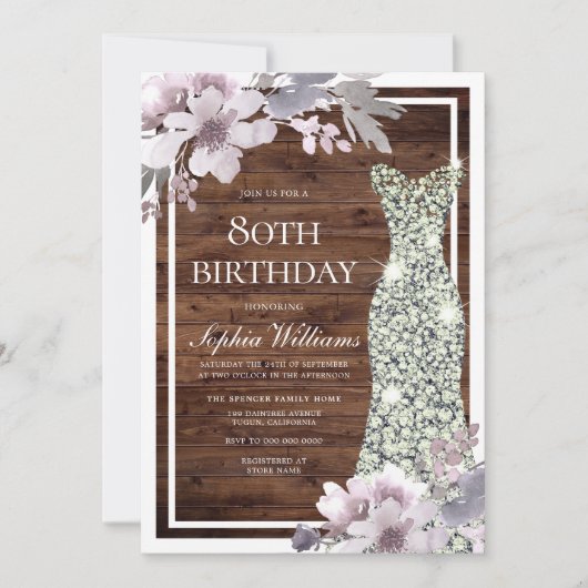 Invitation Robe de Diamant Floral Violet Rustique 80e anniver (Devant)