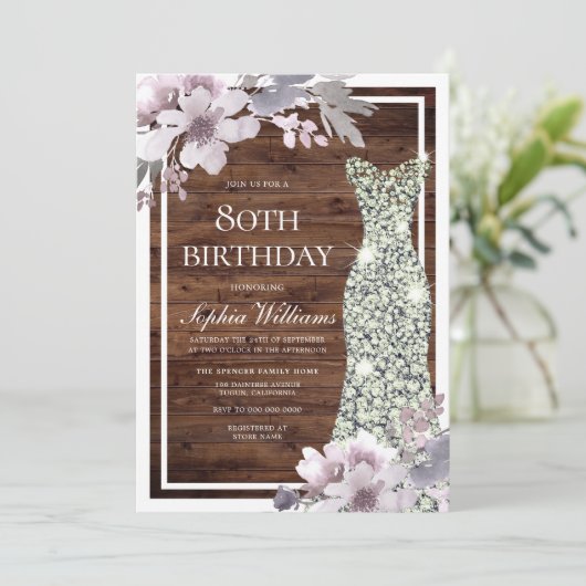 Invitation Robe de Diamant Floral Violet Rustique 80e anniver (Debout devant)