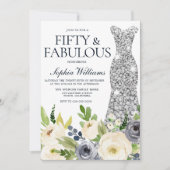 Invitation Robe de diamant florale marine et blanche 50e anni (Devant)